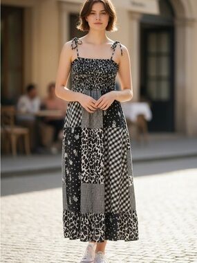 Sandy Liang Black & White Patchwork Midi Dress with Tie Straps